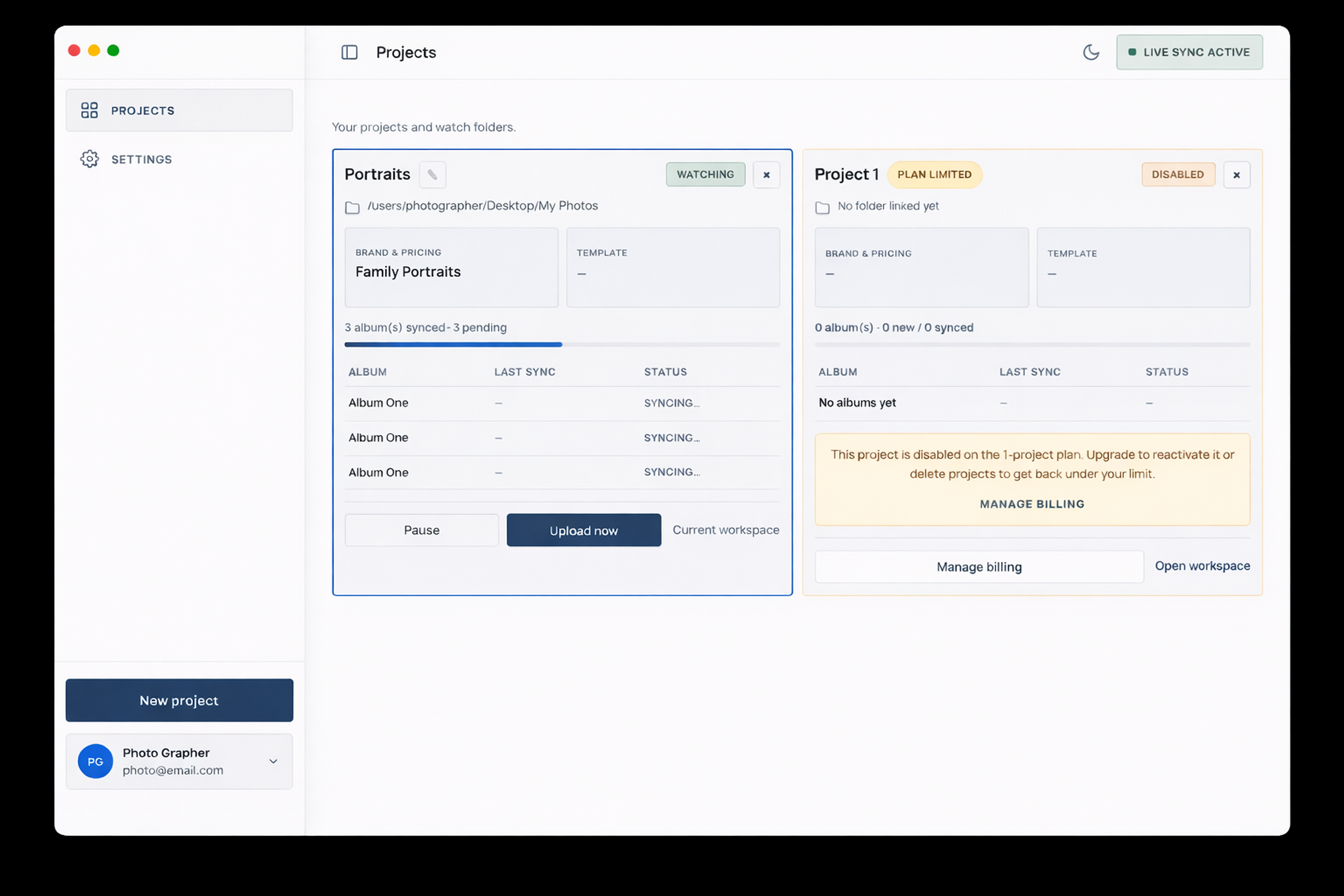 Pic-Time Assist Projects view with live sync and album status.